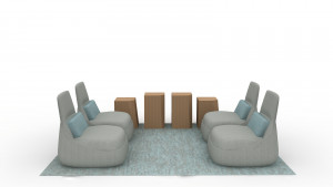 CGI layout idea for office social space with plush, high-backed chairs and wooden side tables