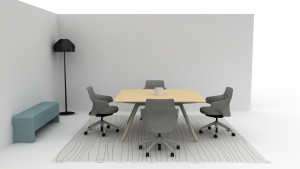 3D design layout for office collaborative space including square table, mobile office chairs, and yellow bench