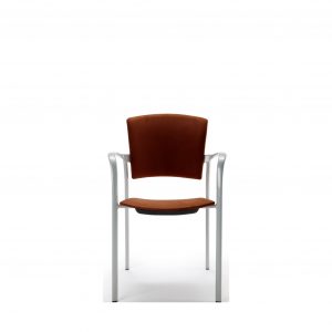 Brown stackable meeting chair with metal armrests and legs