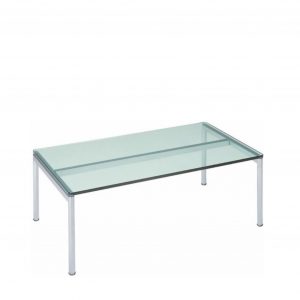 Sleek glass and metal low-profile coffee table