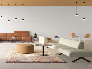 Office social space with contemporary armless sectional sofas, bench seating, ottomans, and tables