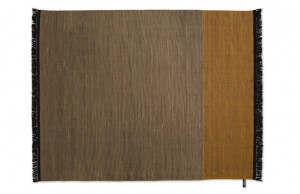 Two-tone goldenrod and tan rug with black fringe around edges