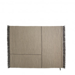 Tan area rug with dark lines in fabric and dark fringe around edges