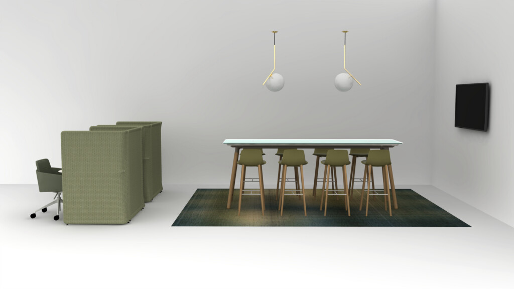 Modern collaborative workspace with privacy booths, meeting table, stools, and wall-mounted screen