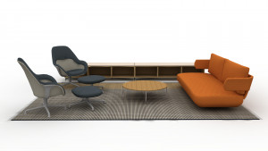 3D image of layout plan for office lounge including chairs, ottomans, sofas, and storage credenzas