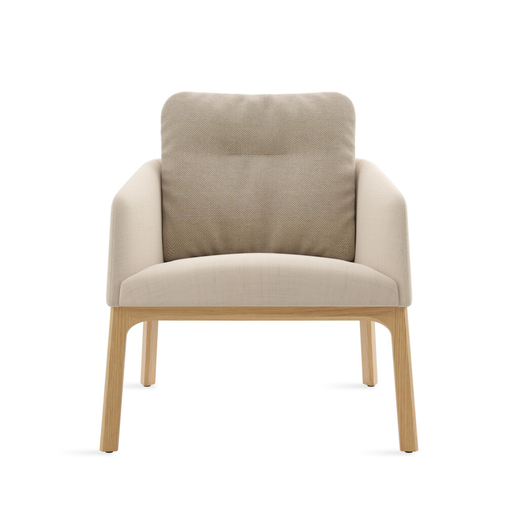 Marien 152 lounge chair in cream with wooden legs on white background.