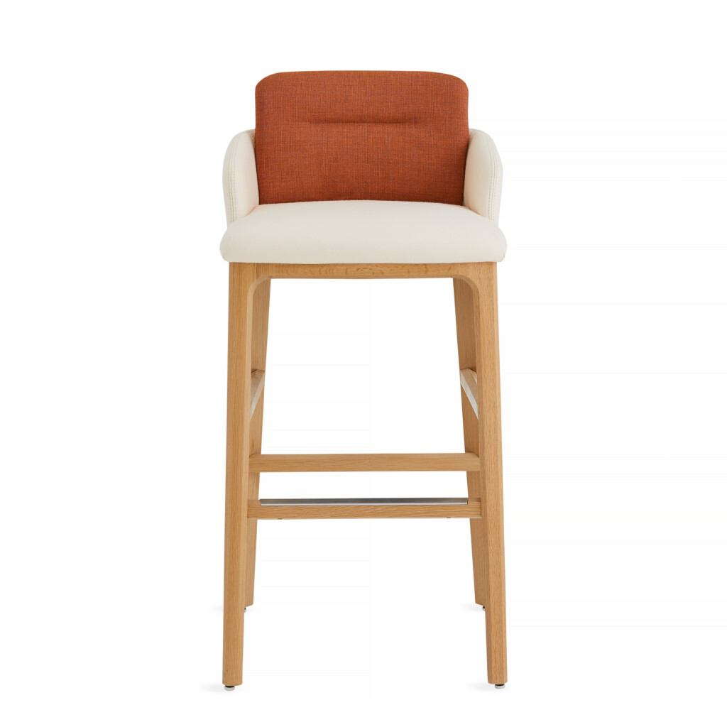 Marien 152 stool with orange back and wooden legs on white background.