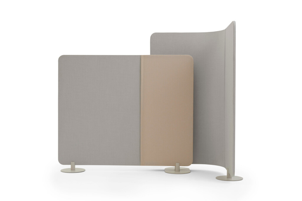 Freestanding fabric acoustic panels in neutral tones, supported by circular bases on a white background.