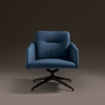Front view of a blue lounge chair with a swivel base in a neutral background.