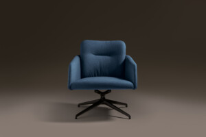 Front view of a blue lounge chair with a swivel base in a neutral background.