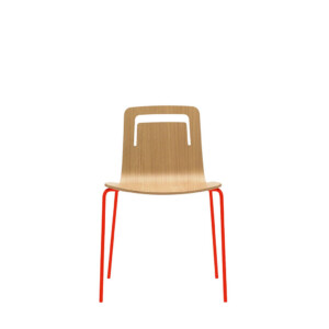 Viccarbe klip wood chair with red legs on a white background