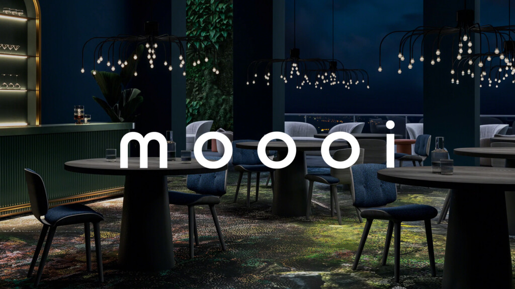 Stylish interior with round tables, upholstered chairs, decorative lightning for the partner Moooi.