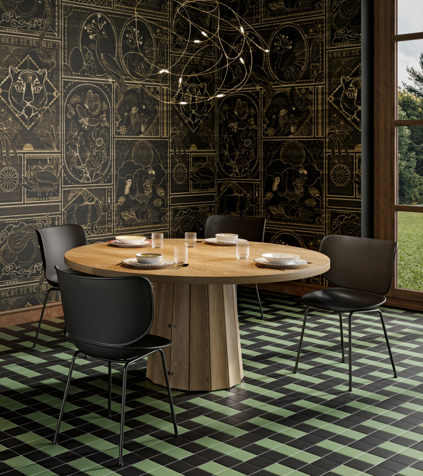Round wooden dining table set with dishes, surrounded by black chairs with dark illustrated walls