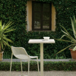 White table and stool set on a lawn in front of an ivy-covered wall.