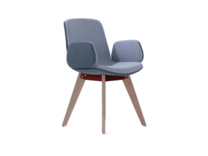 Blue chair with wooden legs.