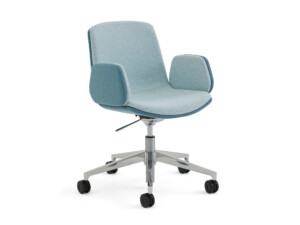 Light blue swivel chair with armrests and caster base on white background.