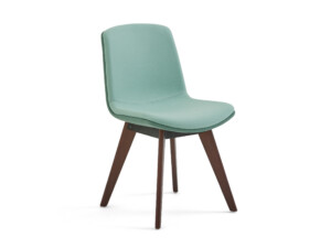 Green armless chair with wooden legs.