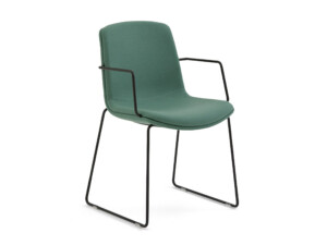 Green armchair with black legs on a neutral background.
