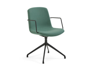 Green armchair with black legs on a neutral background.