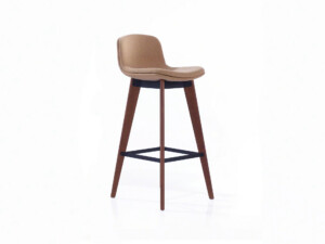 Armless stool with wooden legs on a neutral background.