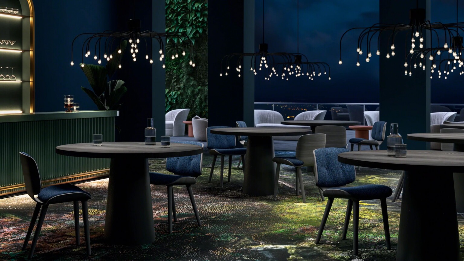 Modern restaurant interior with round tables, chairs, patterned flooring, and sculptural lights in a deep blue background.