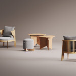 Wooden armchairs, a small ottoman, and side tables arranged on a neutral background.