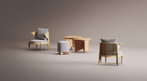 Wooden armchairs, a small ottoman, and side tables arranged on a neutral background.