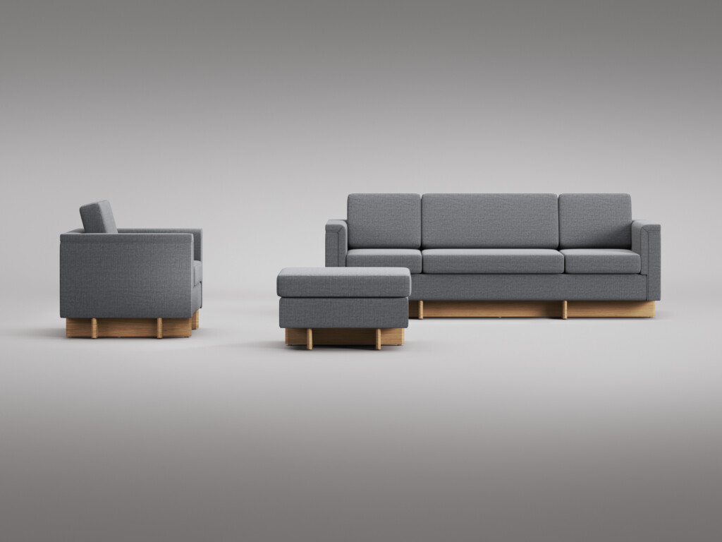 Gray sofa, armchair, and ottoman with wooden bases displayed against a neutral background.