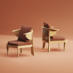 Two wooden armchairs with upholstered seats and cushions, displayed in a warm neutral background.