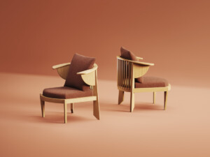 Two wooden armchairs with upholstered seats and cushions, displayed in a warm neutral background.