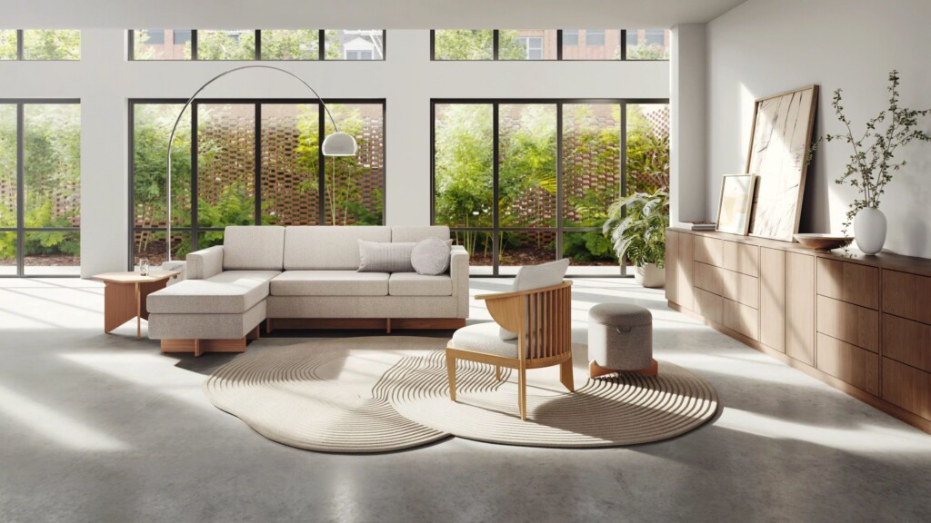 Modern living room with a light sectional sofa, wood furniture, large windows, and indoor greenery.