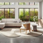 Modern living room with a light sectional sofa, wood furniture, large windows, and indoor greenery.