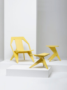 Yellow Seating chair, stool and table set on a white background