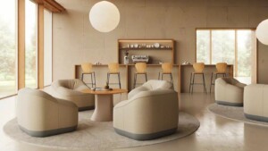 Neutral lounge area with rounded sofas arranged around a low table