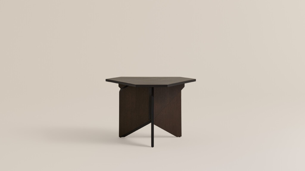 Wooden table on neutral background.