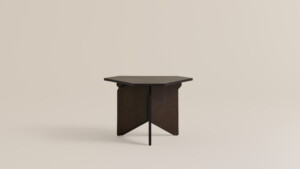 Wooden table on neutral background.