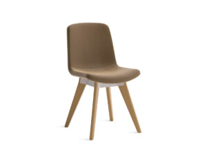 Brown armless chair with wooden legs on neutral background.