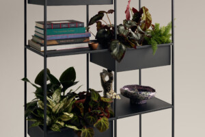 Black shelving unit with plants and books on display