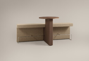modern upholstered bench and integrated wood table against neutral background