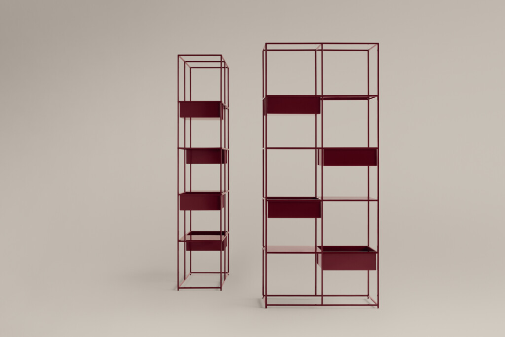 Red shelving units on neutral background