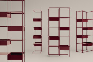 Red shelving units on neutral background