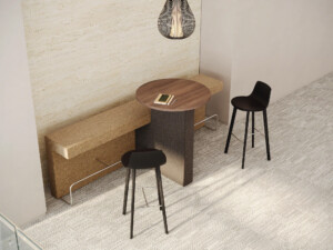 Two chairs with upholstered bench and integrated wood table in the middle