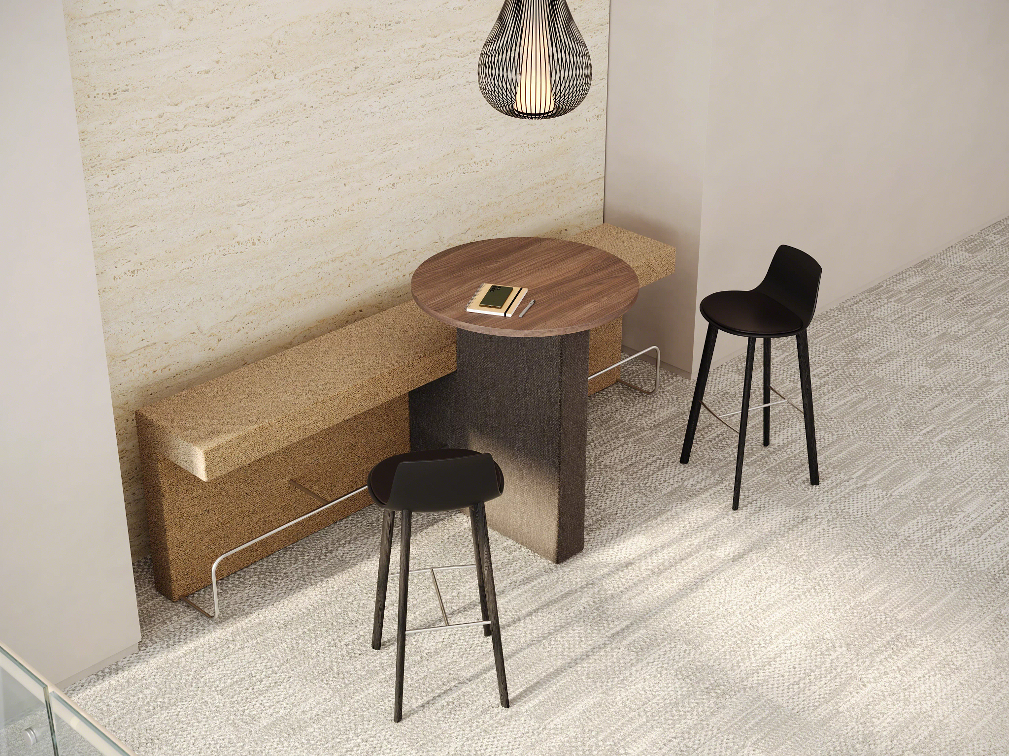 Two chairs with upholstered bench and integrated wood table in the middle