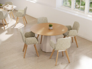 Modern round dining table with upholstered chairs and wood legs