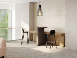 Two chairs with upholstered bench and integrated wood table in the middle