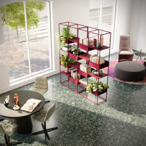 Modern interior space with dining table, upholstered chairs, red shelving unit, and lounge seating