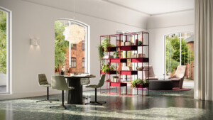 Modern interior space with dining table, upholstered chairs, red shelving unit, and lounge seating