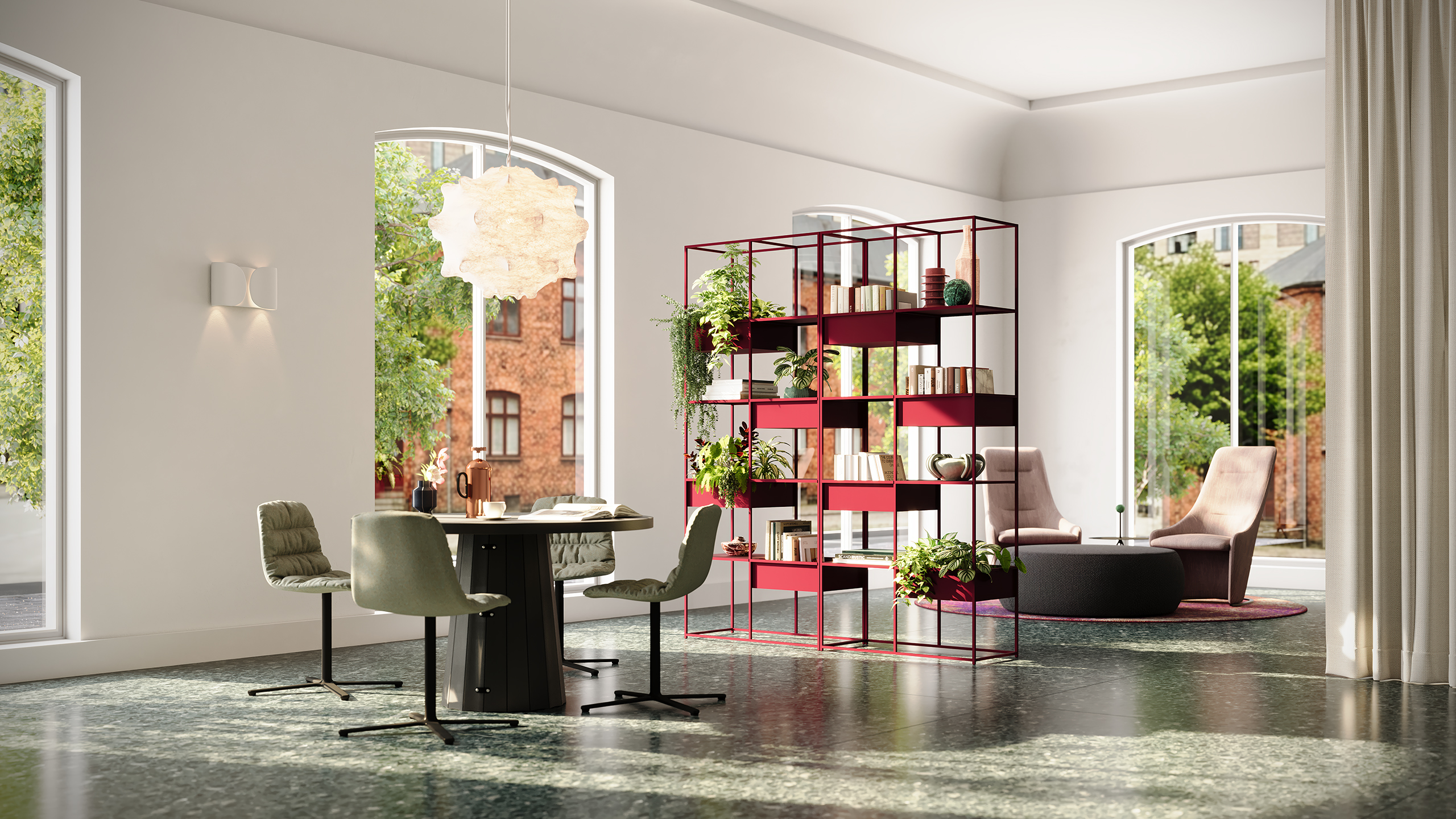 Modern interior space with dining table, upholstered chairs, red shelving unit, and lounge seating