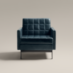 Blue upholstered lounge chair with tufted backrest and metal legs on neutral background