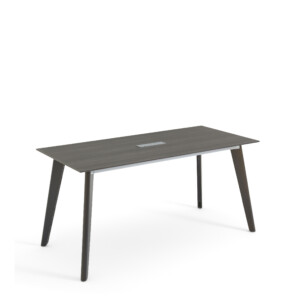 Gray table with integrated power outlet